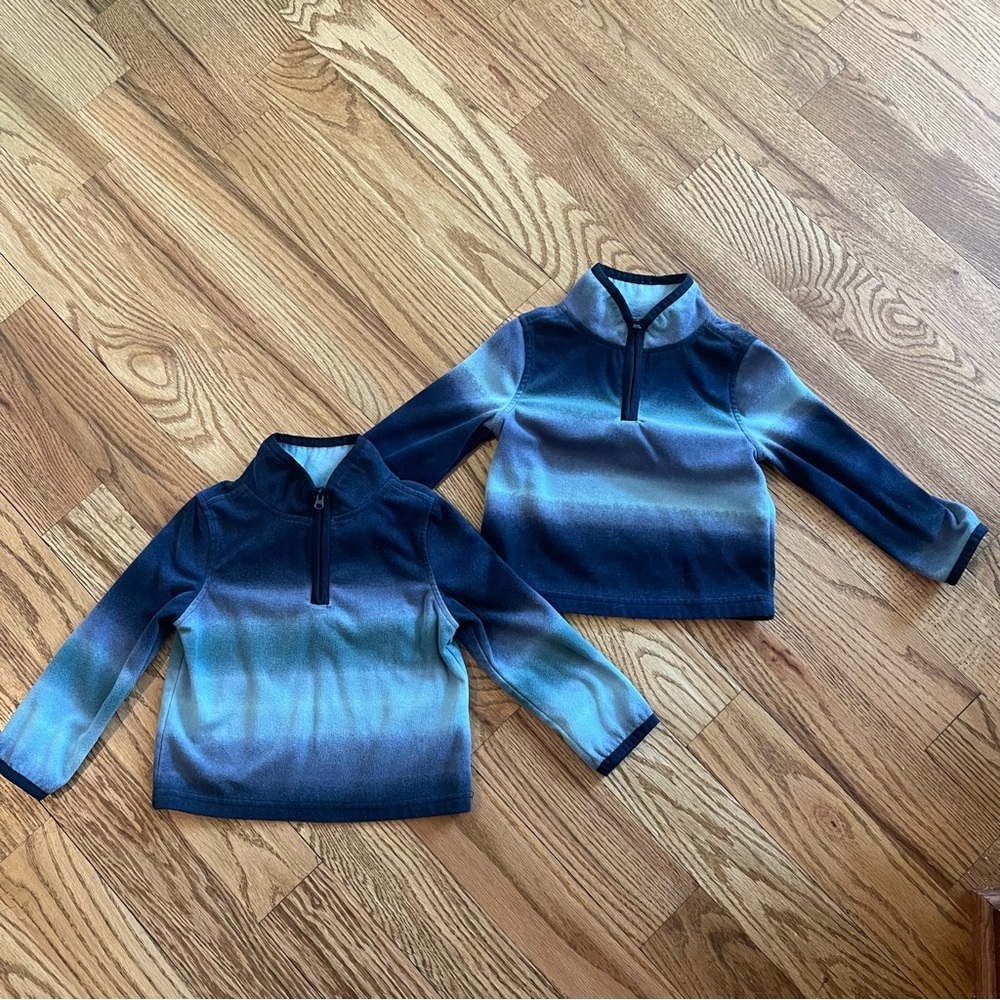 Twin set of 2 boys blue ombre stripe fleece pullover quarter zip jackets, twins